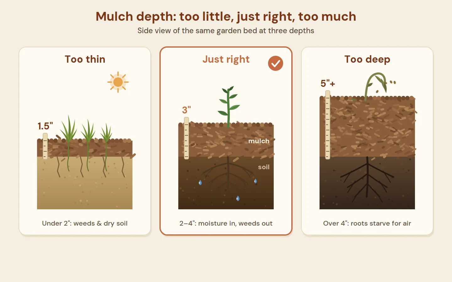 Garden bed at three mulch depths: weeds at under 2 inches, just right at 3, roots suffocating past 4 inches